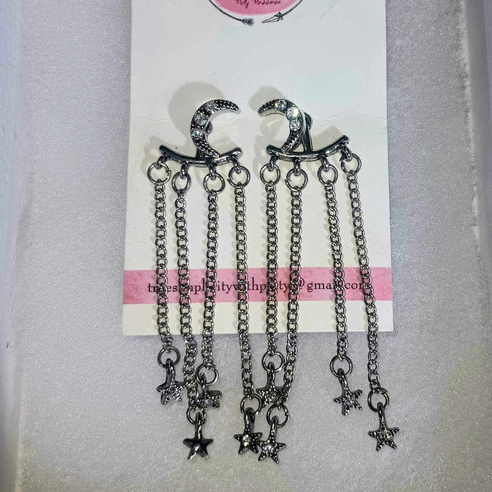 Silver Star and Moon Chain Earrings